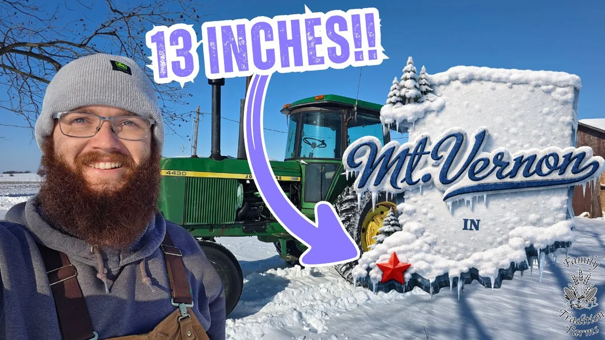 A published Family Tradition Farms snow-video thumbnail with a farm presenter, a tractor, and Mount Vernon snow imagery.